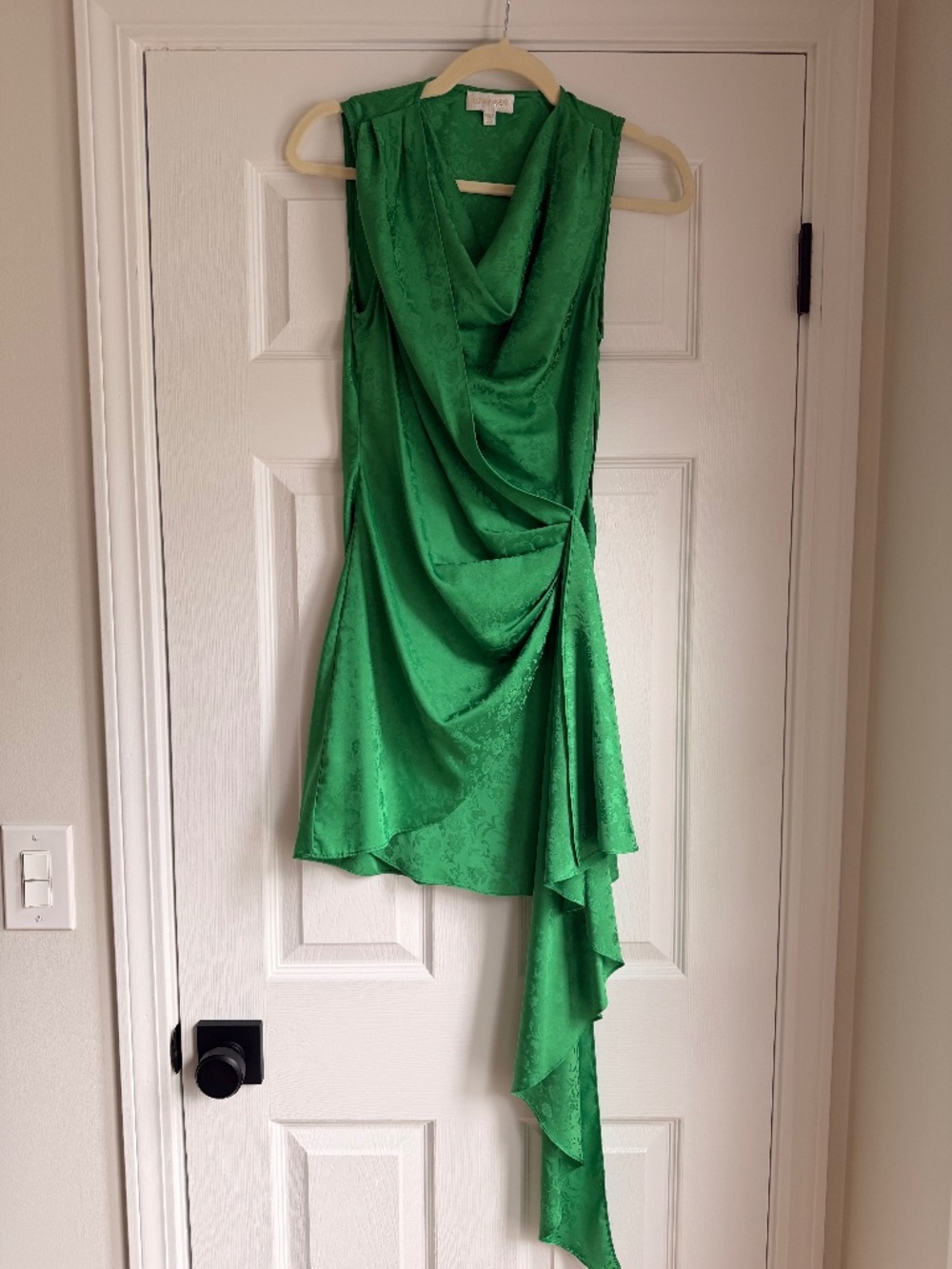 Ronny Kobo Green Floral Jacquard Draped Asymmetrical Dress XS